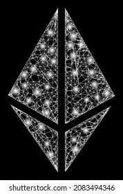 Glowing net mesh rhombus crystal with glowing spots. Vector model based on rhombus crystal icon, and with crossed lines. Constellation carcass mesh rhombus crystal on a black background.