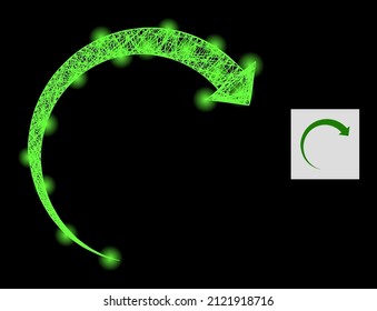 Glowing net mesh rotate forward with light spots on a black background. Bright vector structure based on rotate forward symbol, with intersected net and light spots.