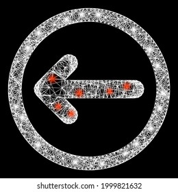 Glowing net mesh rounded left arrow model with lightspots. Constellation vector mesh created from rounded left arrow pictogram and intersected white lines.