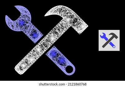 Glowing net mesh service tools with light spots on a black background. Light vector mesh created from service tools symbol, with hatched network and light spots.