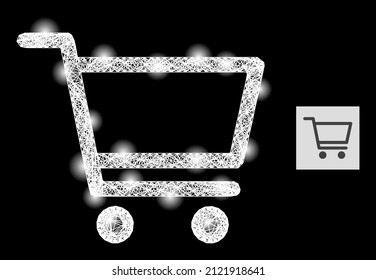 Glowing net mesh shopping cart with light spots on a black background. Light vector constellation is based on shopping cart glyph, with linear network and light dots.