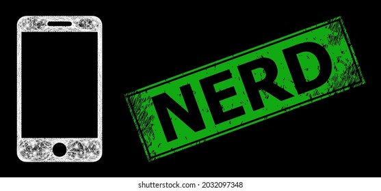 Glowing net mesh smartphone carcass with glowing spots, and green rectangular unclean Nerd stamp seal. Illuminated vector carcass created from smartphone pictogram and intersected white lines.