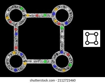 Nodos de malla cuadrada de malla de red brillantes con puntos de brillo coloridos. Carcasa vectorial iluminada creada a partir del icono de nodos de cuadrícula cuadrada. Parquear los nodos de malla cuadrada de la canal, en un fondo negro.