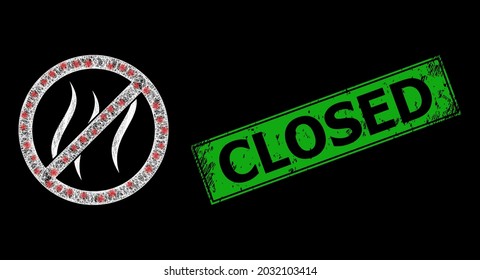 Glowing net mesh stop vapour carcass with light dots, and green rectangle scratched Closed seal print. Constellation vector frame created from stop vapour icon and crossing white lines.