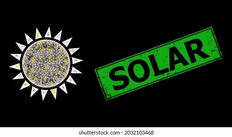 Glowing net mesh sun carcass with light dots, and green rectangle rubber Solar stamp. Constellation vector model created from sun pictogram and crossing white lines.