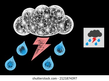 Glowing net mesh thunderstorm with glowing spots on a black background. Illuminated vector structure based on thunderstorm icon, with intersected mesh and light spots.