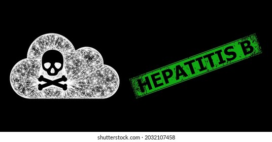 Glowing Net Mesh Toxic Gas Wireframe With Lightspots, And Green Rectangular Rubber Hepatitis B Seal. Constellation Vector Structure Created From Toxic Gas Icon And Crossed White Lines.