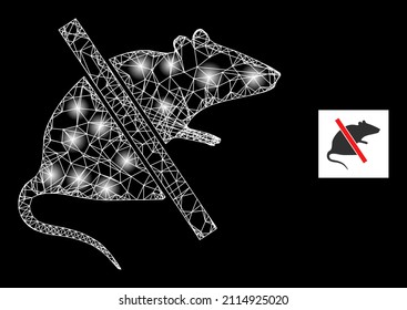 Glowing net no rats icon with illuminated light spots. Illuminated model created from no rats vector icon and crossed lines. Glowing carcass no rats, on a black background.