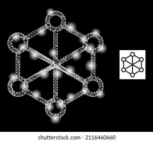 Glowing net nodes icon with glowing light spots. Illuminated model done from net nodes vector icon and intersected lines. Glowing frame net nodes, on a black background.