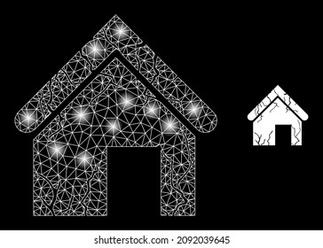 Glowing net old decayed house web icon with magic spots. Illuminated constellation is done using old decayed house vector icon. Constellation carcass web polygonal old decayed house,