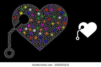 Glowing net pacemaker constellation icon with light spots. Illuminated vector constellation based on pacemaker pictogram. Sparkle frame mesh pacemaker on a black background.