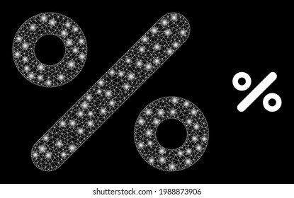 Deslumbrando el porcentaje neto con puntos brillantes. Cuadrícula vectorial basada en el icono de porcentaje. La constelación enmarca el porcentaje poligonal en un fondo negro.