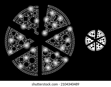 Glowing net pizza pieces web icon with illuminated spots. Illuminated model is done from pizza pieces vector icon. Illuminated frame web polygonal pizza pieces, on a black background.