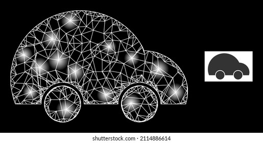 Glowing net private car icon with glowing spots. Illuminated constellation generated from private car vector icon and crossed lines. Glowing frame private car, on a black background.