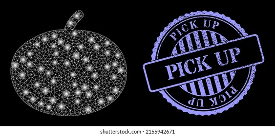 Glowing net pumpkin with glowing spots, and Pick Up blue round corroded stamp seal. Vector grid created from pumpkin icon. Bright carcass mesh pumpkin.