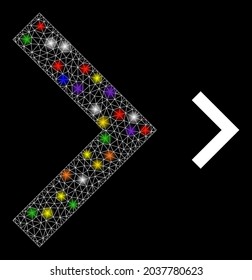 Icono de la constelación de dirección derecha de la red brillante con focos luminosos. Constelación vectorial iluminada basada en el icono de dirección derecha. Máscara de marco parqueable dirección derecha en un fondo negro.