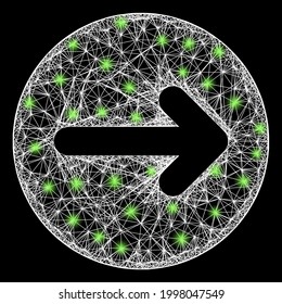 Glowing net right direction framework with glowing spots. Constellation vector carcass created from right direction pictogram and crossed white lines. Sparkle constellation mesh right direction,