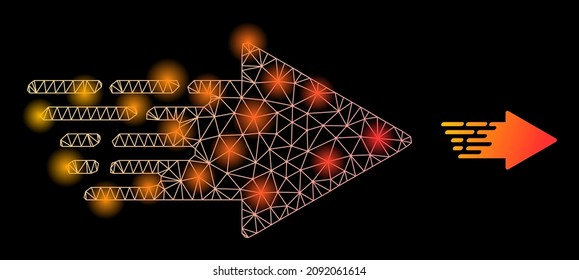 Glowing net rush arrow web icon with glowing spots. Illuminated constellation is done from rush arrow vector icon. Illuminated carcass web polygonal rush arrow, on a black background.