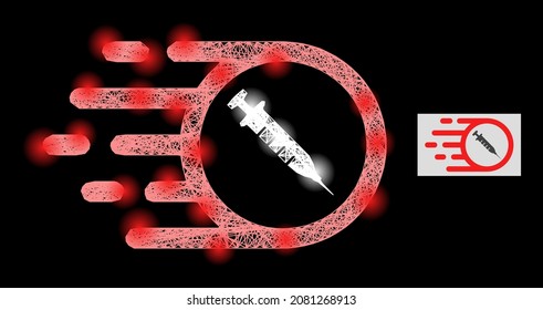 Glowing net rush vaccine with glowing spots on a black background. Light vector structure is created from rush vaccine glyph, with irregular net and light spots.