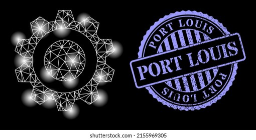 La red brillante, el cog inteligente con manchas brillantes, y la imitación de sello sucio redondo azul de Port Louis. Constelación vectorial basada en un icono de código inteligente. Cinta polígonal inteligente brillante.