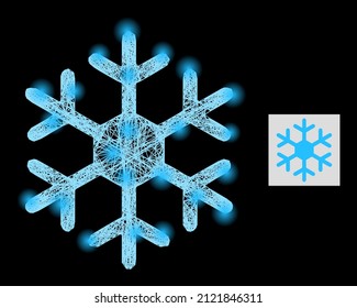 Glowing net snowflake with light spots on a black background. Illuminated vector mesh based on snowflake symbol, with intersected net and light spots.