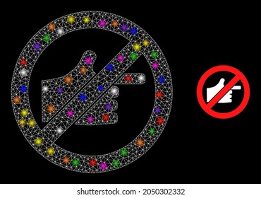 Glowing net stop index finger glare icon with lightspots. Illuminated vector model based on stop index finger icon. Sparkle carcass mesh stop index finger on a black background.