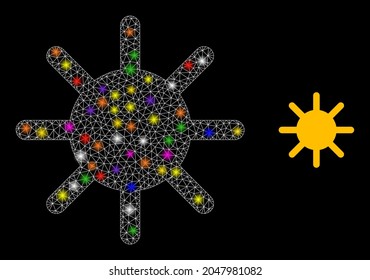 Glowing net sun rays constellation icon with lightspots. Illuminated vector constellation based on sun rays picture. Sparkle carcass mesh sun rays on a black background.