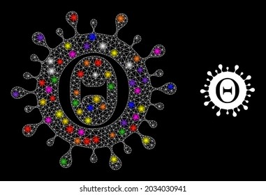 Icono de la constelación del coronavirus Tetta con brillo de la red con manchas luminosas. Modelo vectorial iluminado basado en el icono del coronavirus Tetta. Malla de marco espumoso Tetta coronavirus sobre un fondo negro.