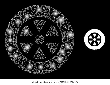 Glowing net tire wheel web icon with illuminated spots. Illuminated constellation generated using tire wheel vector icon. Glowing carcass web polygonal tire wheel, on a black background.