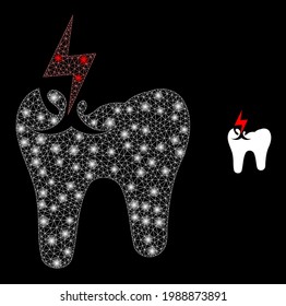 Glowing net tooth crash with glowing spots. Vector frame based on tooth crash icon. Constellation frame mesh tooth crash on a black background.