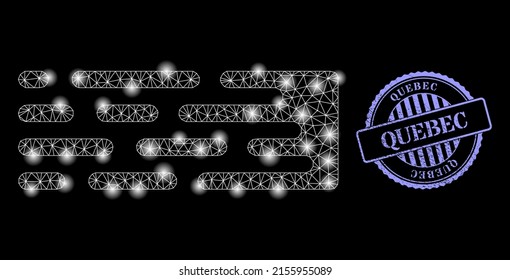 Recorrido de transición de red brillante con manchas brillantes y impresión de sello texturizado redondo azul de Quebec. Marco vectorial generado a partir del icono de traza de transición. Pista de transición de malla de canal iluminada.