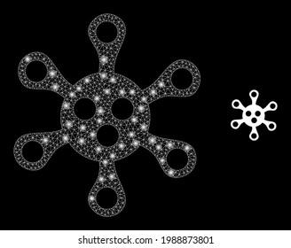 Glowing net virus with glowing spots. Vector carcass based on virus icon. Flare carcass mesh virus on a black background.