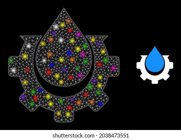 Glowing net water production constellation icon with lightspots. Illuminated vector constellation based on water production icon. Sparkle carcass mesh water production on a black background.