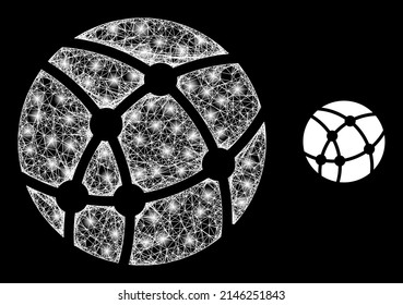 Glowing net web sphere with glowing spots. Wire carcass 2D network generated with crossed white lines and web sphere icon. White mesh and sparkle carcass mesh web sphere on a black background.