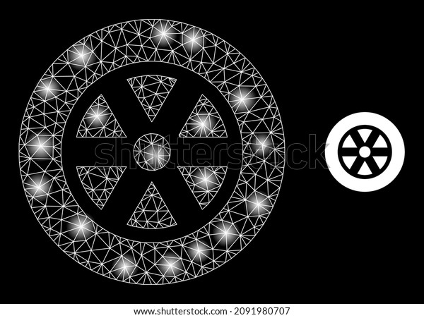 Glowing net wheel\
web icon with glossy spots. Illuminated constellation is generated\
using wheel vector icon. Constellation frame web polygonal wheel,\
on a black background.