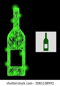 Botella de vino neto brillante con manchas brillantes sobre un fondo negro. Modelo vectorial iluminado creado a partir de la imagen de la botella de vino, con red rayada y manchas luminosas.