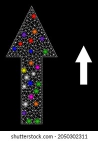 Glowing network up arrow glare icon with lightspots. Illuminated vector constellation based on up arrow icon. Sparkle carcass polygonal up arrow on a black background.