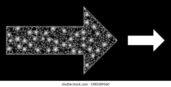Glowing network arrow with glowing spots. Wire carcass flat network generated from crossing white lines and arrow icon. White mesh and sparkle carcass mesh arrow on a black background.