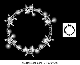 Glowing network barbed wire circle icon with glowing light spots. Illuminated model is created using barbed wire circle vector icon and crossing lines. Flare frame barbed wire circle,