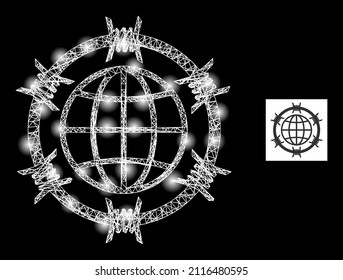 Glowing network barbed wire globe icon with glowing light spots. Illuminated model is created from barbed wire globe vector icon and crossing lines. Bright frame barbed wire globe,