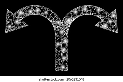 Flecha atrás de la bifurcación de red brillante con puntos brillantes. Marco vectorial generado a partir del icono de flecha atrás de bifurcación y de líneas cruzadas.
