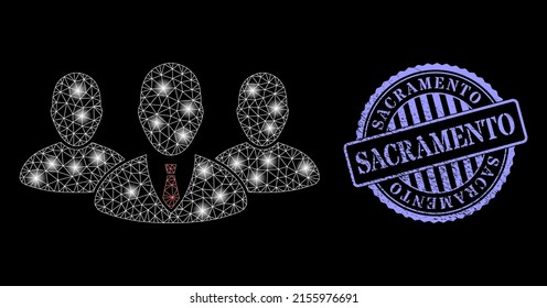 Glühende Netzwerk-Chef-Gruppe mit leuchtenden Flecken und Sacramento blauer rundem Gummi-Siegel. Vektormodell, das aus dem Symbol der Bossgruppe generiert wird. Fliegenrahmen-Mesh-Boss-Gruppe.