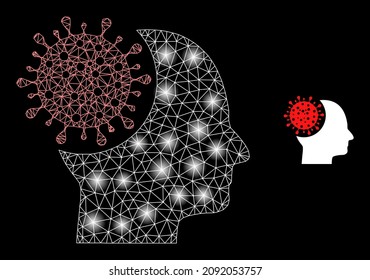Icono de la web del virus cerebral de red brillante con focos luminosos iluminados. El modelo iluminado se hace usando el icono vector del virus cerebral. Virus cerebral poligonal de la canal brillante, en un fondo negro.
