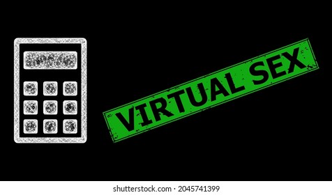 Carcasa de calculadora de red brillante con manchas brillantes y placa de sexo virtual texturizada de rectángulo verde. Carcasa vectorial de constelación creada a partir del icono de la calculadora y líneas blancas interseccionadas.