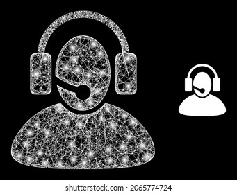 Glowing network call center operator with glowing spots. Linear carcass 2D mesh generated with intersected white lines and call center operator icon.