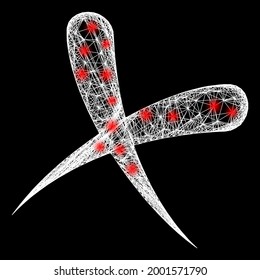 Glowing network cancel carcass with bright dots. Illuminated vector carcass created from cancel symbol and crossed white lines. Sparkle carcass wired cancel, on a black backgound.