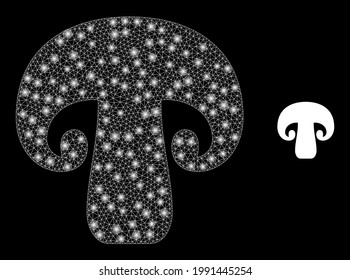 Glowing network champignon mushroom with glowing spots. Vector carcass generated from champignon mushroom icon. Sparkle carcass polygonal champignon mushroom on a black background.