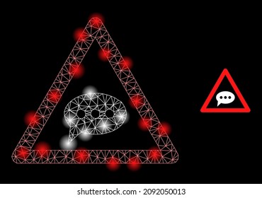 Glowing network chat message danger web icon with illuminated spots. Illuminated constellation is created from chat message danger vector icon. Constellation frame web polygonal chat message danger,