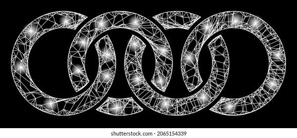 Glowing network circle chain with glowing spots. Vector carcass created from circle chain icon, and with crossing lines. Glowing carcass polygonal circle chain on a black background.