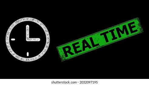 Glowing network clock wireframe with glowing spots, and green rectangle corroded Real Time seal imitation. Constellation vector carcass created from clock icon and crossed white lines.